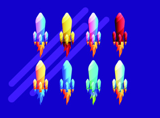 Rocket Spacecraft with fire flat vector Icon illustration with gradient