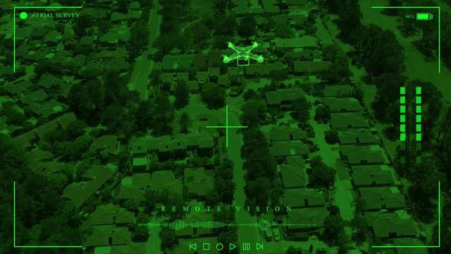 Concept aerial surveillance uav drone and first person remote vision scanning urban landscape using digital HUD elements 