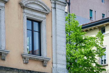 Fototapeta na wymiar Italian windows on the yellow wall facade building corner with brown frame and green tree on the behind