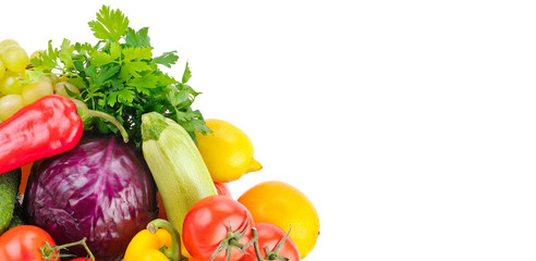 Fruits and vegetables isolated on a white background. Free space for text. Wide photo .