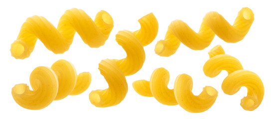 Raw italian cellentani pasta isolated on white background