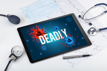 Tablet pc and doctor tools on white surface with DEADLY inscription, pandemic concept