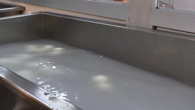 preparation of mozzarella in a dairy. mozzarella production: italian cheese factory, mozzarella, fresh cheese . fresh mozzarella in water in the tub