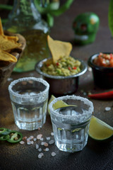 tequila with guacamole on a wooden background