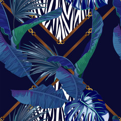 Modèle sans couture de mode abstrait avec des feuilles de palmier, éléments de tigre. Empreinte d& 39 animal. Illustration vectorielle