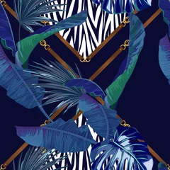 Tapeten Nahtloses Muster der abstrakten Mode mit Palmblättern, Tigerelementen. Tierdruck. Vektor-Illustration © natikka