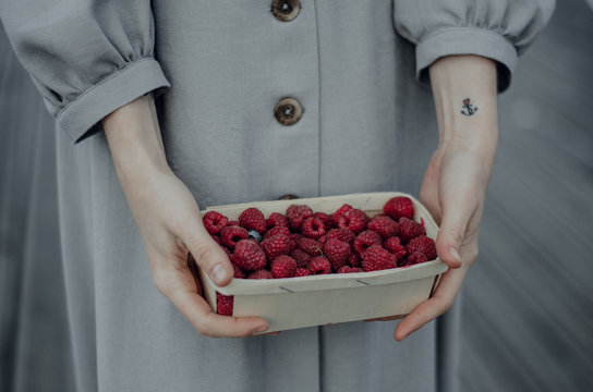 Close-up of young woman's hands holding a wooden basket full of ripe raspberries. Girl in cotton classical dress of gray color with sleeves. Tattooed wrist with anchor. Garden harvest. Soft focus
