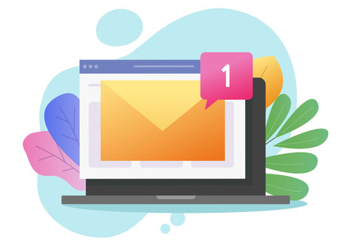 New email or electronic mail notice vector message on laptop computer or inbox incoming notification on pc screen flat cartoon colorful illustration, concept of digital or internet letter icon image