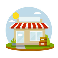 Small shop. Store with red roof. Food trade and supermarket. Facade of the house with showcase. Cartoon flat illustration. Town and city. Element of urban landscape