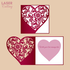 Laser cut template of fold card with decorative flowers patterned heart for brochures, wedding invitations or Valentine's Day greeting card.