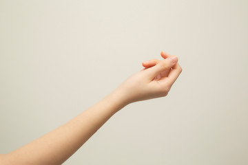 Woman hand on white background