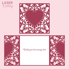 Laser cut template of gate fold card with heart on swirls floral pattern. Sutable for brochures, wedding invitations or Valentine's Day greeting card.