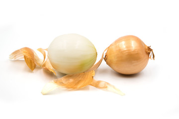 two onions on a white background. Useful product for the person. Selling onions on the site with products. Fresh eco products.
