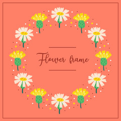 My little flower frame. Little wildflowers postcard. Flora design elements. Wild life, blooming flowers, botanic.Flat colourful vector illustration icon sticker isolated on pink background.