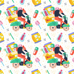 Man driving on delivery scooter. Fast food delivery. Fast shop service.  Coronavirus pandemic self isolation, protection.Flat cartoon colourful vector hand drawn seamless pattern, texture, background,