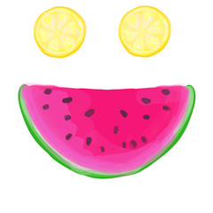 watermelon ad two lemons in shape of face smile emoji half cut circle fruit summer red melon icon isolated on white background
