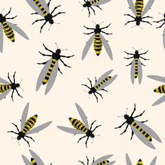 Seamless pattern with wasps on an isolated white background. Abstract cute print with insects. Stock vector illustration