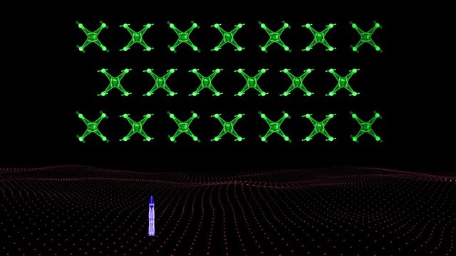 Space arcade video game animation concept with invading drones using digital HUD elements  