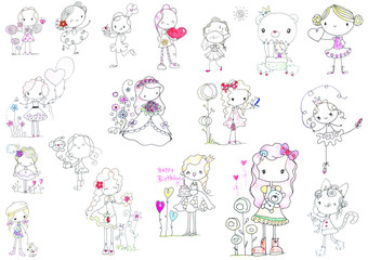 cute cartoon girls drawing set