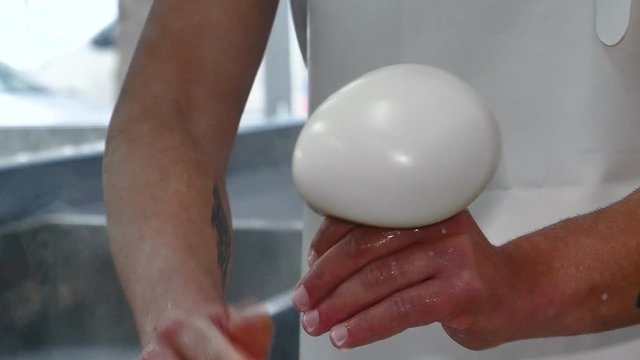 preparation of mozzarella in a dairy. mozzarella production: italian cheese factory, mozzarella, fresh cheese