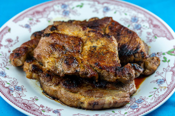 Juicy, delicious beef steak cooked in a frying pan