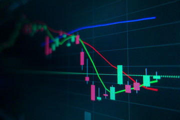Stock market trading graph and candlestick chart on screen monitor background. Financial investment and economic concept.