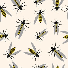 Seamless pattern with wasps on an isolated white background. Abstract cute print with insects. Stock  illustration.