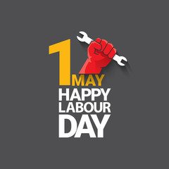 1 may Happy labour day vector label with strong protest fist isolated on grey background with rays. vector happy labor day background or banner with man hand. workers may day poster