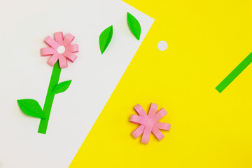 How to make paper flower for greeting card. Step 4. Children gift for Mother's Day. Art project. Step by step. Easy paper applications. Photo instruction. DIY concept. Spring or summer season.