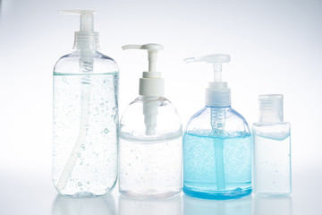 Close up hand sanitizer gel pump bottle, alcohol gel for prevention coronavirus disesse 2019 (COVID-19), bacteria and germ with copy space isolated on white background