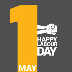1 may Happy labour day vector label with strong protest fist isolated on grey background with rays. vector happy labor day background or banner with man hand. workers may day poster