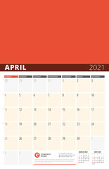 Corporate design planner template for April 2021. Monthly planner. Stationery design. Week starts on Sunday.