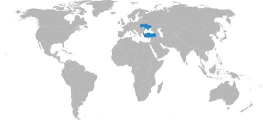 Turkey, ukraine countries highlighted on world map. Light gray background. Business concepts, diplomatic, friendship, travel, trade and transport relations.