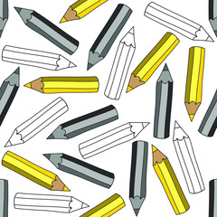 Grey, yellow and colorless pencils on white background: seamless pattern, wallpaper texture print, wrapping design. Vector graphics.