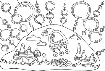 Vector illustration with space objects. Hand drawing. Illustration for printing on clothing, posters, postcards, and children's items. Cute design.