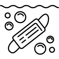 Icon ocean water pollution with medical surgical disposable masks after epidemic of coronavirus virus. Mask swims underwater with air bubbles. Vector thin line illustration, outline. Editable stroke