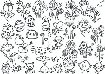 cartoon flowers and animals and girls set