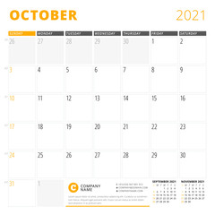 Corporate design planner template for October 2021. Monthly planner. Stationery design. Week starts on Sunday.