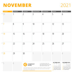 Corporate design planner template for November 2021. Monthly planner. Stationery design. Week starts on Sunday.