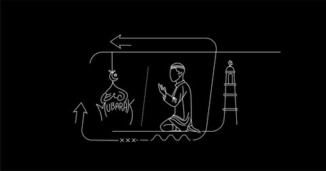 Muslim young man praying ( Fajr, Zuhr, Asr, Maghrib, and Isha ) - eid mubarak, vector Illustration.