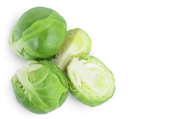 Brussels sprouts half isolated on white background with clipping path and full depth of field. Top view. Flat lay. Set or collection