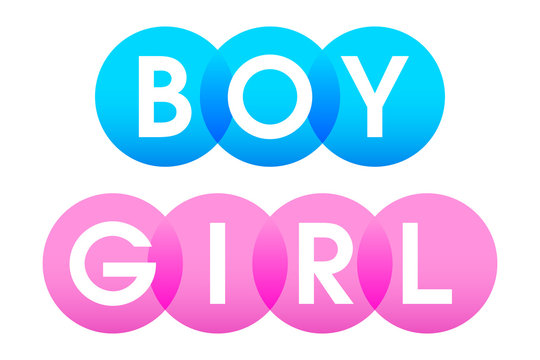 BOY and GIRL, letters of the words in bold white capitals shown on overlapping translucent blue and pink circles. Isolated illustration on white background. Vector.