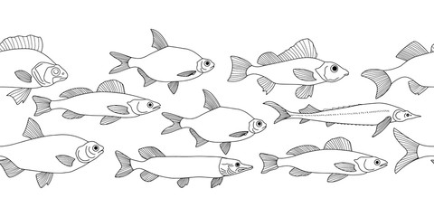 Doodle red fish, sturgeon, pike etc seamless border. Seafood. Hand drawing art line. Symbol of fishing club or online shop. Restaurant menu. Coloring page book. Vector stock illustration