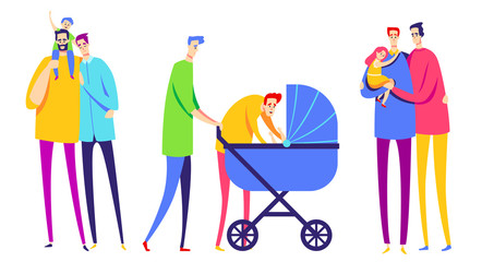 Set of gay couples. Men hug and hold boy on hands, look at the child in a pram, baby seats on the man's neck. Collection of LGBT. Isolated on white background