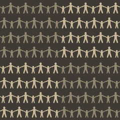 Beige silhouettes of people holding hands on dark background: human seamless pattern, social background texture, wrapping design. Vector graphics.