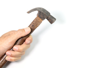 Hand holding hamer on white background