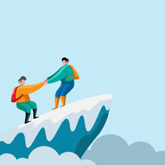 Hiking mountain teamwork adventure vector illustration