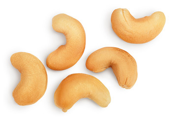 Roasted Cashew nuts isolated on white background with clipping path and full depth of field. Top view. Flat lay