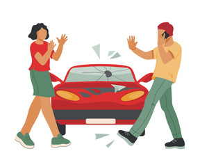 Online services of roadside car assistance or towing concept with people after road accident or automobile breakdown. Automobile repair order online. Flat vector illustration isolated.