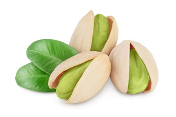 pistachio with leaves isolated on white background with clipping path and full depth of field